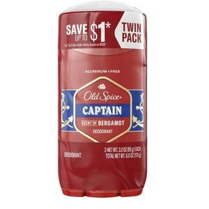TWIN PACK!  Old Spice Captain Bergamot 2 X 3.0 oz sticks Aluminum Free Deodorant
